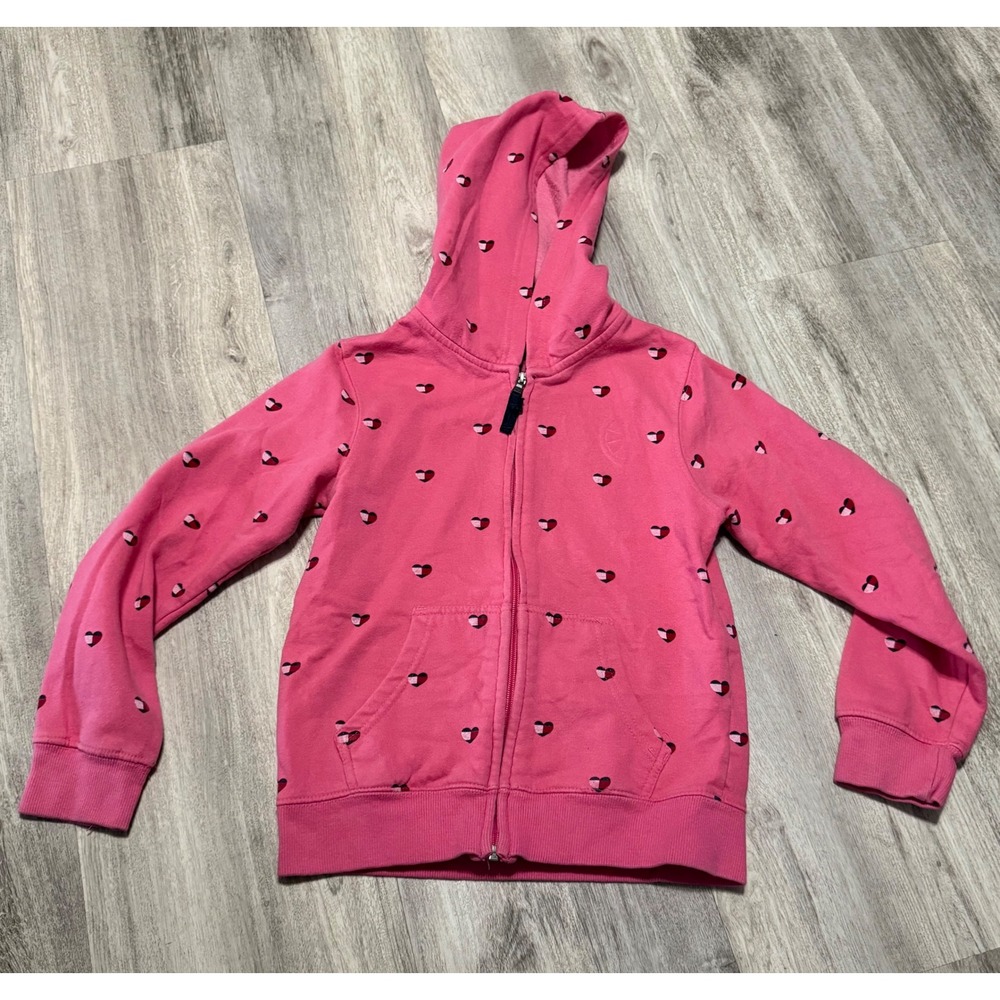 Tommy Hilfiger Girls Pink Heart Print Zip Up Hoodie Sweatshirt Size M 8/10
